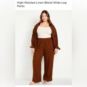 Brown Linen-Blend Wide-Leg Pants